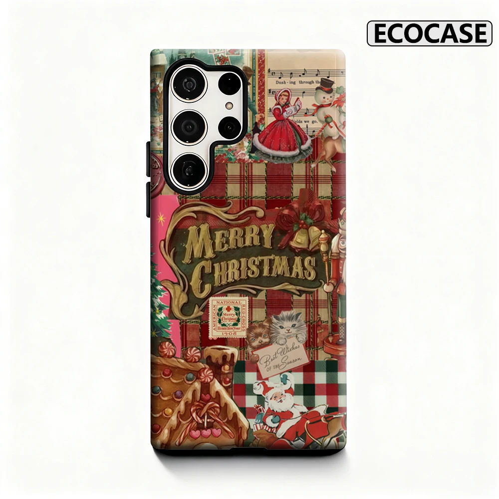 Vintage-Weihnachtshandyhülle für Samsung Galaxy S25 Ultra S24 S23 Ultra Plus, glänzende doppellagige Rückseite