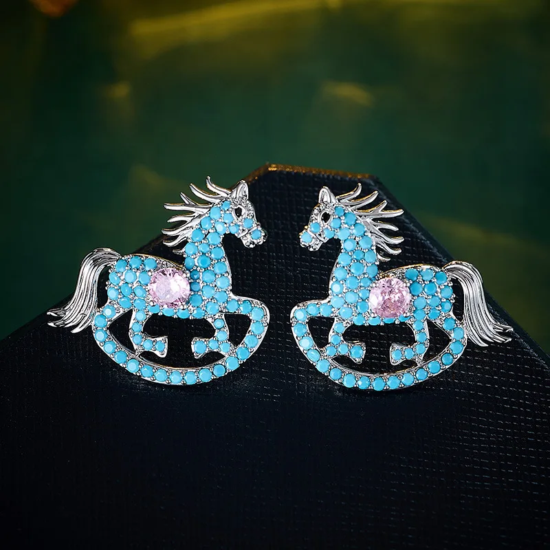 

Turquoise Blue Horse Stud Earrings S925 Silver Sparkling Zircon Animal Dangle Earring Birthday Party Gift Jewelry