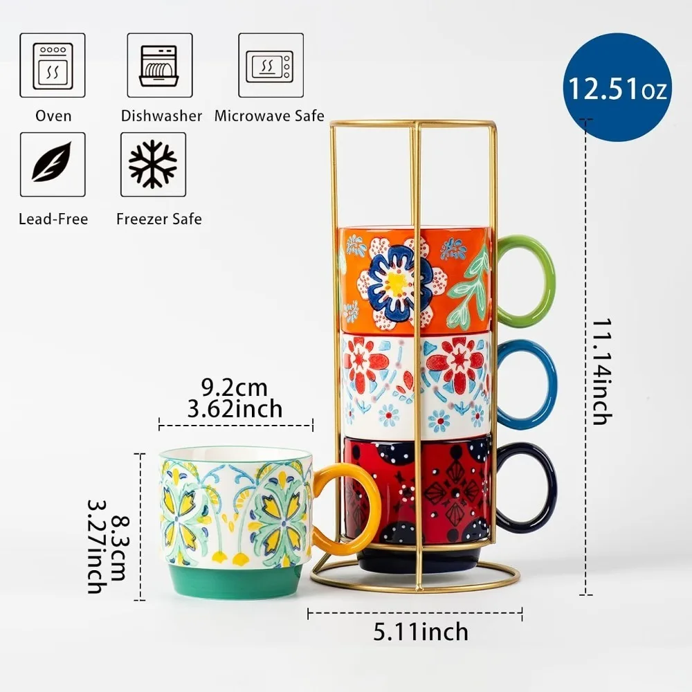 Floral Stackable Ceramic Coffee Mugs - Set of 4 with Stand, 12.5 oz Multi-Color Porcelain Cups for Latte, Cappuccino, Tea