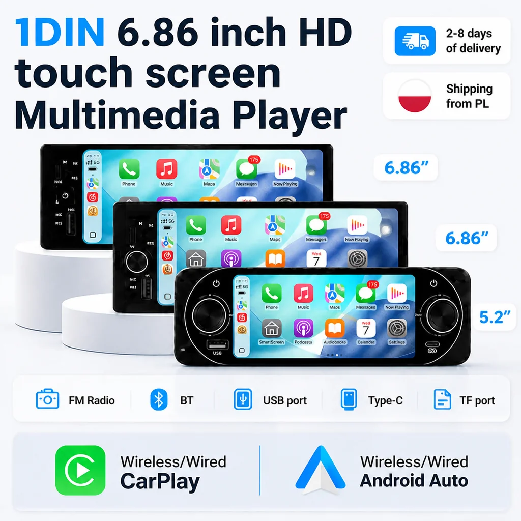 MEKEDE EU Lager 5.2/6.86" Universal 1 Din MP5 Player Autoradio Stereo Auto-Multimedia-Video Unterstützt Wireless Carplay Android Auto Rückfahrkamera Mirror Link GPS-Navigation Siri BT SWC FM MIC AUX