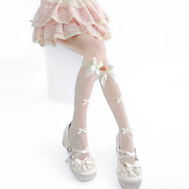 Lolita Girls Long Socks With Bowknot Tie Strap Subtle Pattern Cuff Decoration And Satin Ribbon Bow Ornament Soft Elastic Hosiery