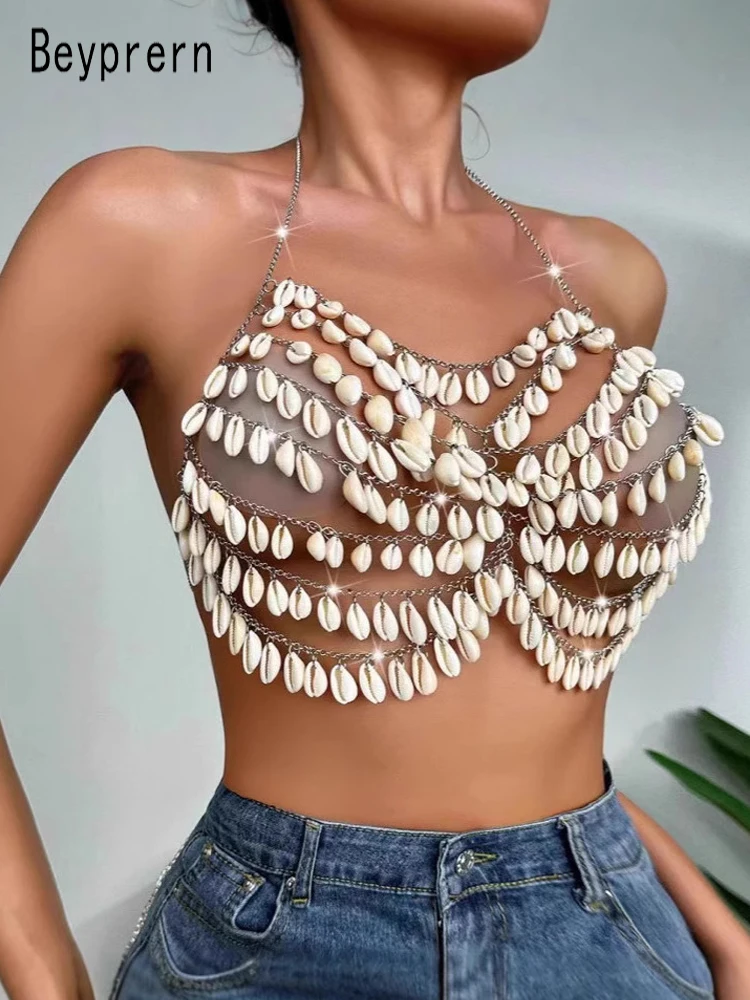 

Beyprern Glam женский бюстгальтер без косточек с лямкой на шее и деталями, очаровательный сексуальный бюстгальтер без косточек с вырезом и цепочкой, купальник, бикини, топ, клубный жилет