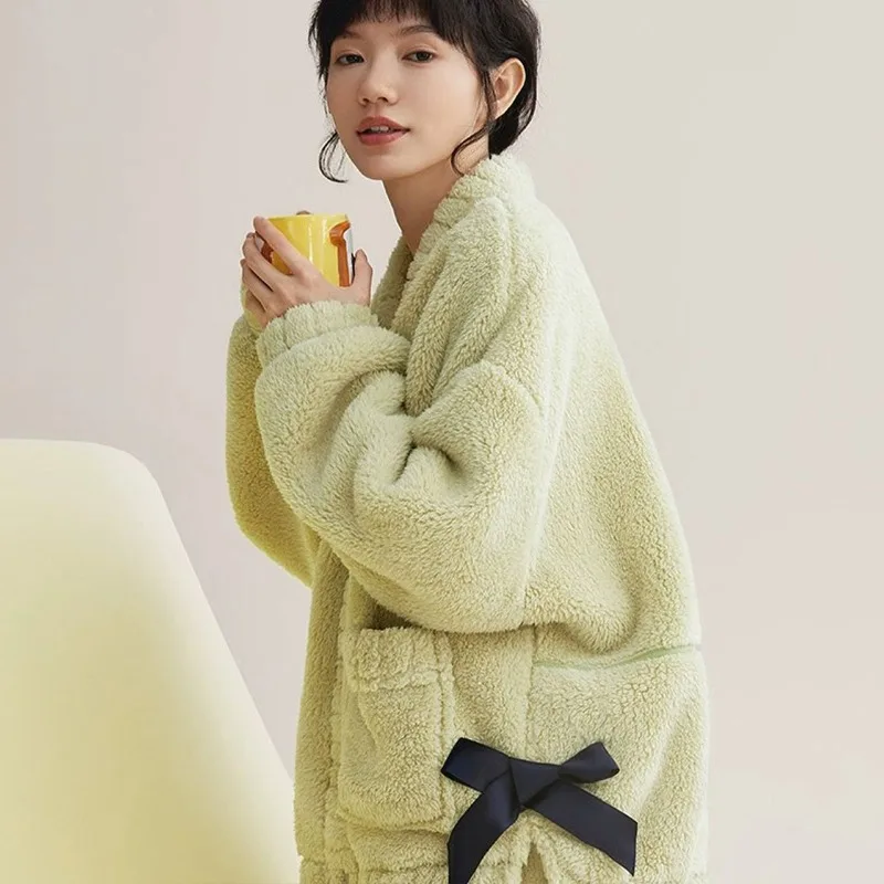 2024 New Coral Velvet Pajamas Women Thickened Flannel Sleepwear Sweet Warm Homewear V-neck Bowknot Warm Loungewear Set