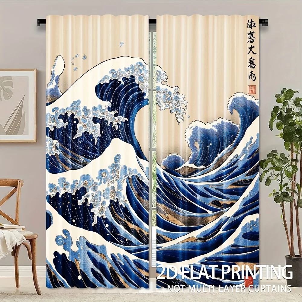 Waterproof Blue Wave Curtains Polyester Drapes Coastal Seascape Bathroom Shower Curtains Beach Style Bedroom Living Room Decor