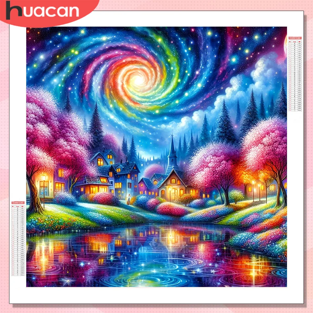 HUACAN Diamantkunst Sternenhimmel-Landschaft Strass-Bilder Diamant-Mosaik Baum Natur Haus Gemälde Vollflächig Heimdekoration