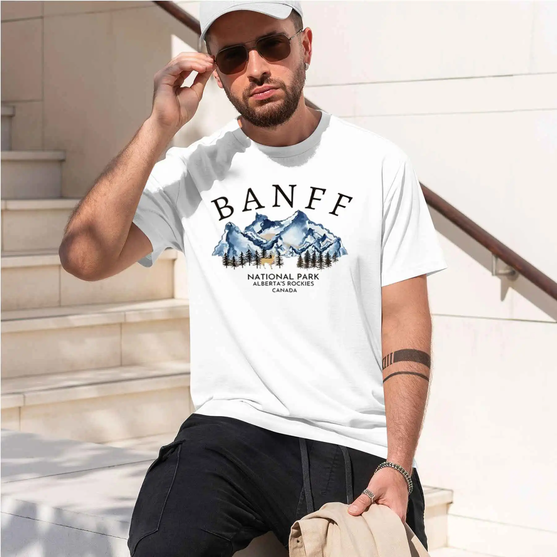 new printed T-shirt printed with  Men's Banff National Park T-Shirt Alberta Rockies Landscape Print Casual Short Sleeve Top