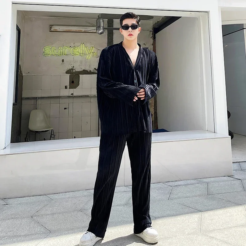 Menswear 2 Piece Sets Pleated Fabric Oversize Loose Casual Long Sleeve Shirt Pant Streetwear Vintage Fashion Shirt Trouser Suits