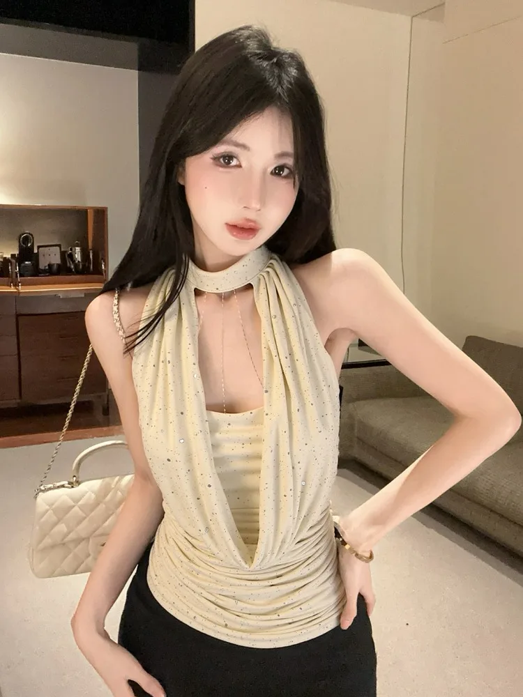 

Pure Desire Sexy Halter Neck Strap Vest Women Summer Outdoor Shiny Sparkling Slimming Top Trendy Short Knitted Korean Style
