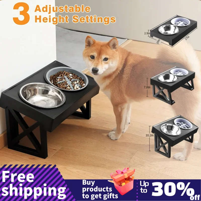 Elevated Dog Bowls 3 Adjustable Heights Raised Dog Food Water Bowl with Slow Feeder Bowl Standing Dog Bowl for Medium Large Dogs