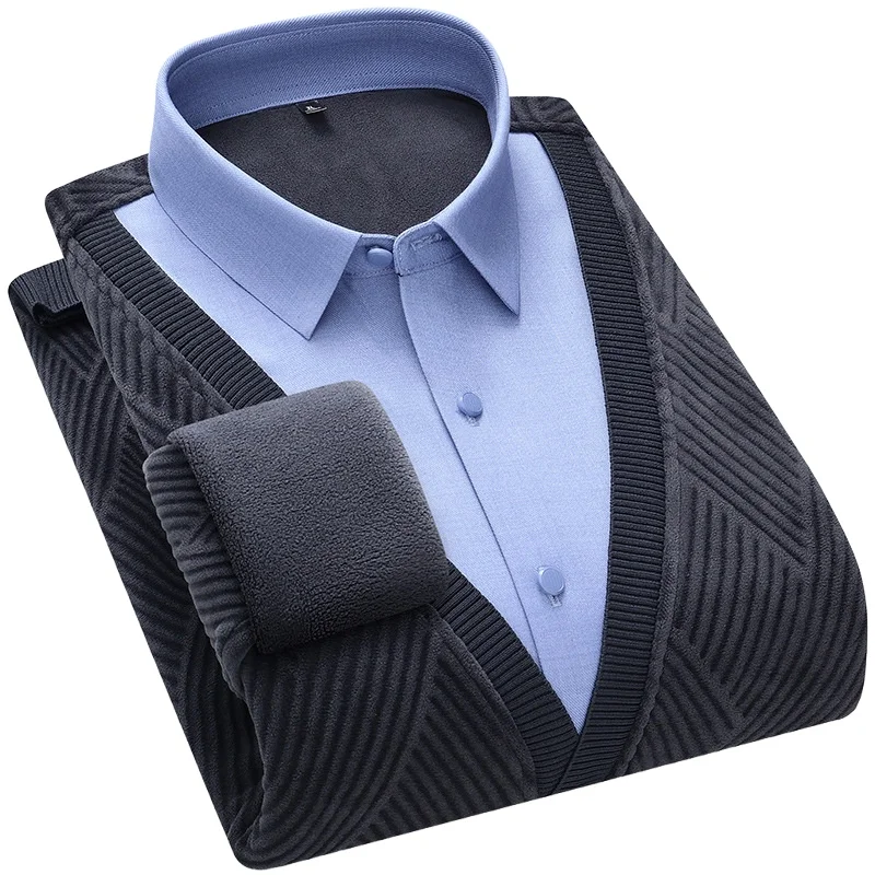 Men Fashion Long Sleeve Korean College Casual Clothes Top Grade Fake Two velvet warm shirt Classic College Casual blouse