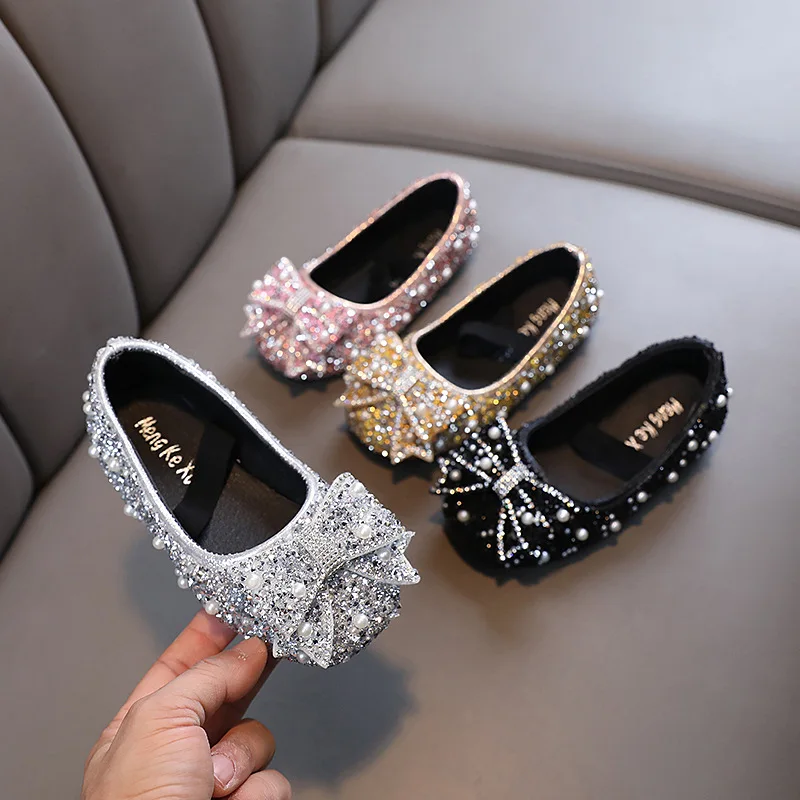 Children\'s Flats Kid\'s Single Shoes Fashion Girls Pink Rhinestone Bow Silver Princess Shoes Students Baby Party Show Shoes H791