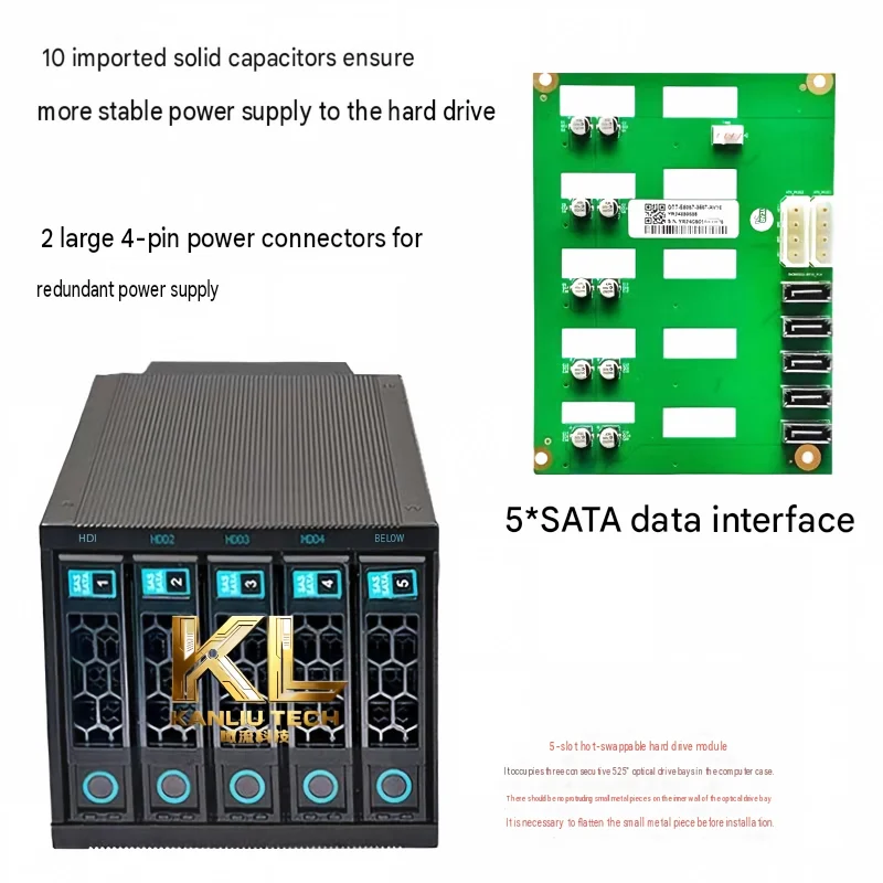 HY 5 Bay Hot Swap HDD Cage, 3 Optical Drive Bays to 5 Hard Disk Module with Backplane Storage Expansion