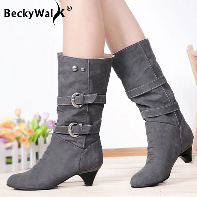 2025 neue Mode Frauen Stiefel Chunky Heel Casual Runde Kappe Frau Schuhe Herbst Winter Mid-Kalb Stiefel Frauen mit schnalle WSH 3476
