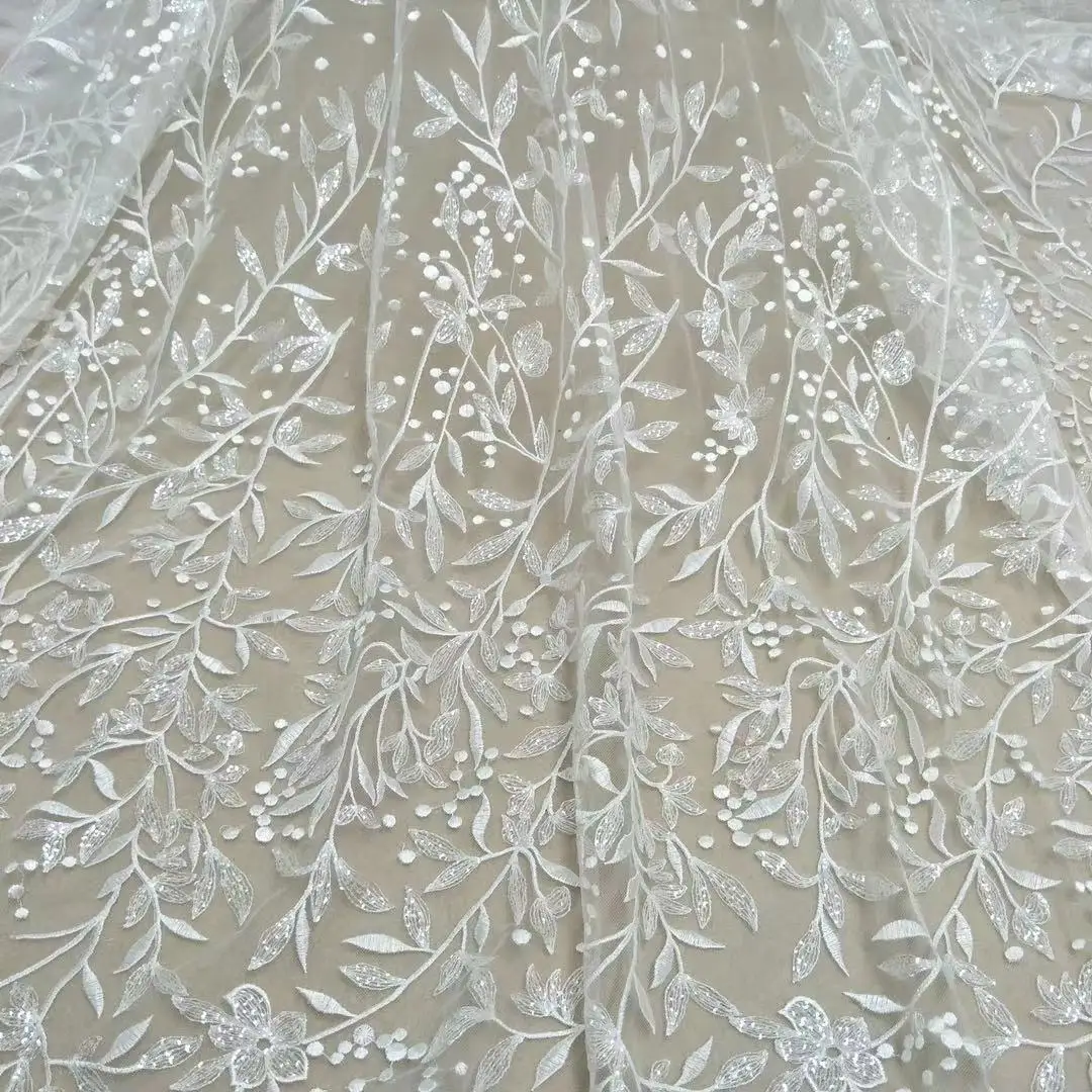 2022 new small leaves off-white wedding dress women\'s fabric lace accessories with sequin width 130cm