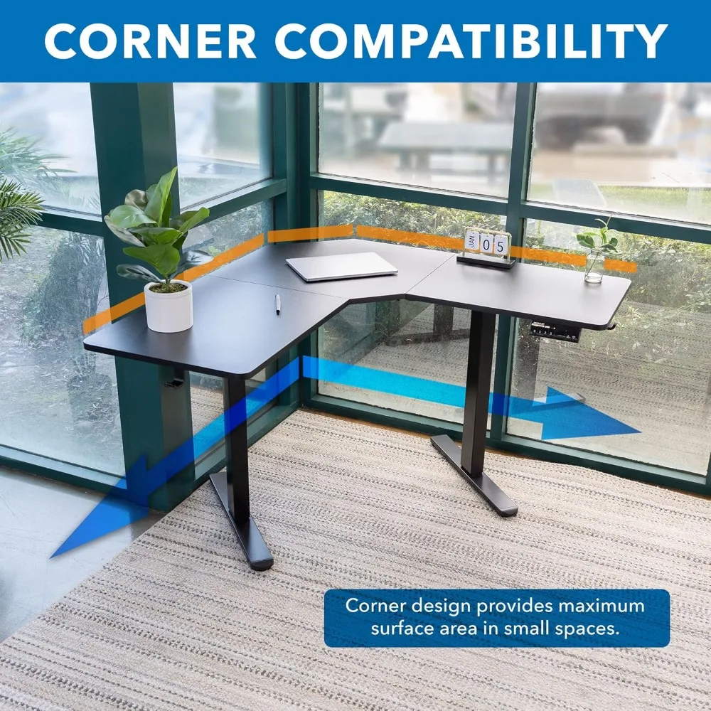 Meja Sudut Berbentuk L yang Dapat Disesuaikan Tingginya dengan Listrik, Rangka Baja Hitam, Workstation Berdiri untuk Ruang Sudut