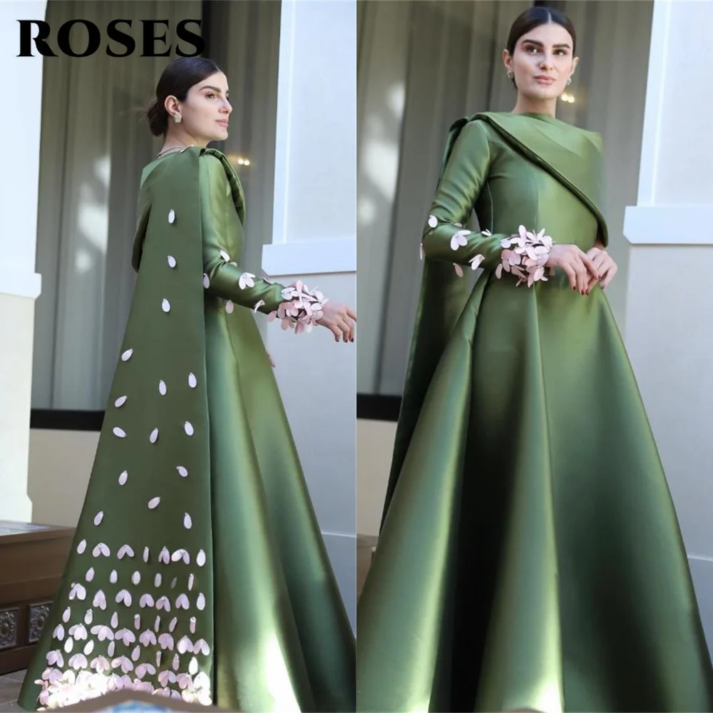 

ROSES Green Satin فساتين السهرة High Neck A-Line Finish Evening Gown with Shawl Sleeve and 3D Petal Embellishments Customized