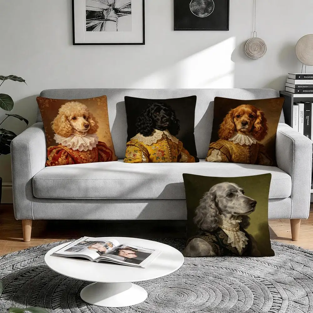 Renaissance Royal Noble Dogs Cushion Cover Natural Breathable Durable Linen Printed Decor Pillow Case Sofa Bedroom
