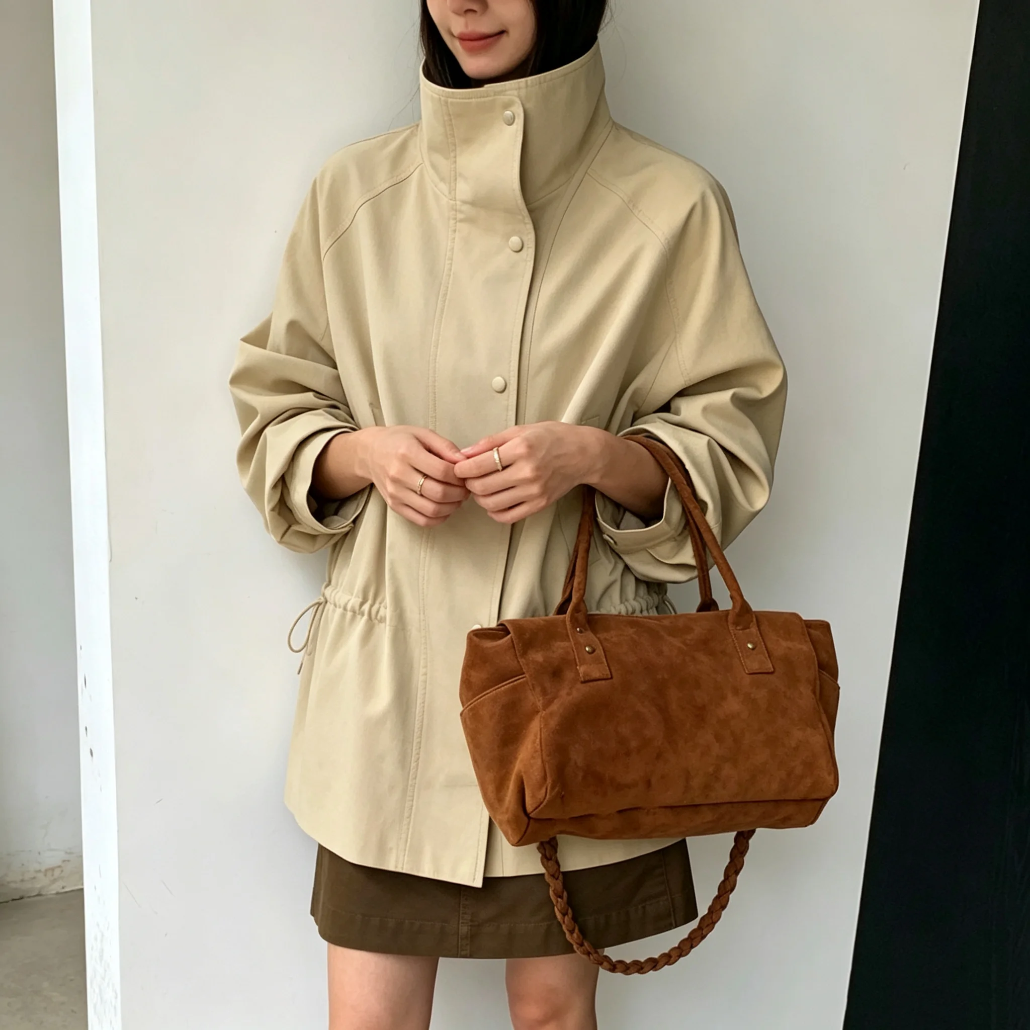 RU Women Stand Collar Drawstring Waist Windbreaker Loose Long Sleeve Outerwear Autumn Winter Daily Commuter Look