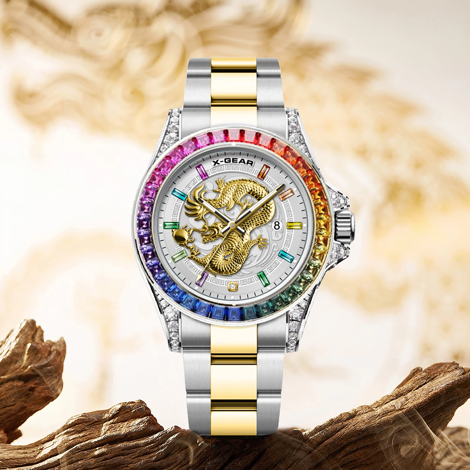 X-GEAR Real Dragon Dial Men's Trend Business Big Three Hands Men's Luxury Diamond Luminescent Waterproof Men's Quartz Watch