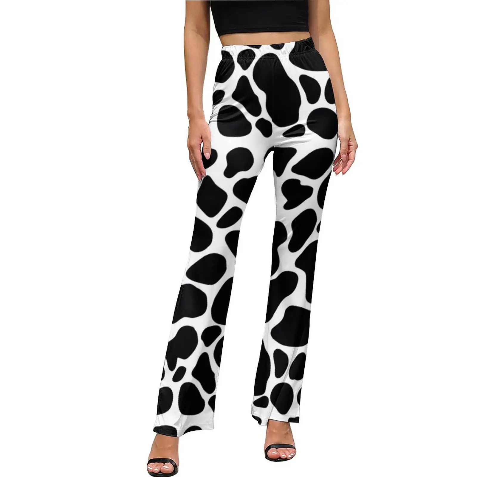 

Cow Print Pants White And Black Spots Animal Night Club Flare Trousers Spring Womens Pattern Korean Fashion Pants Gift Idea