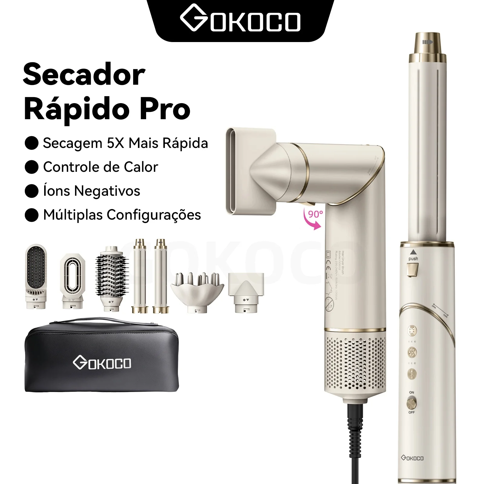 Secador de Cabelo GOKOCO com Escova Estilizadora de Ar Quente 7 em 1, Conjunto de Escovas Estilizadoras de Cabelo com Secador de Cabelo Iônico Negativo de Alta Velocidade