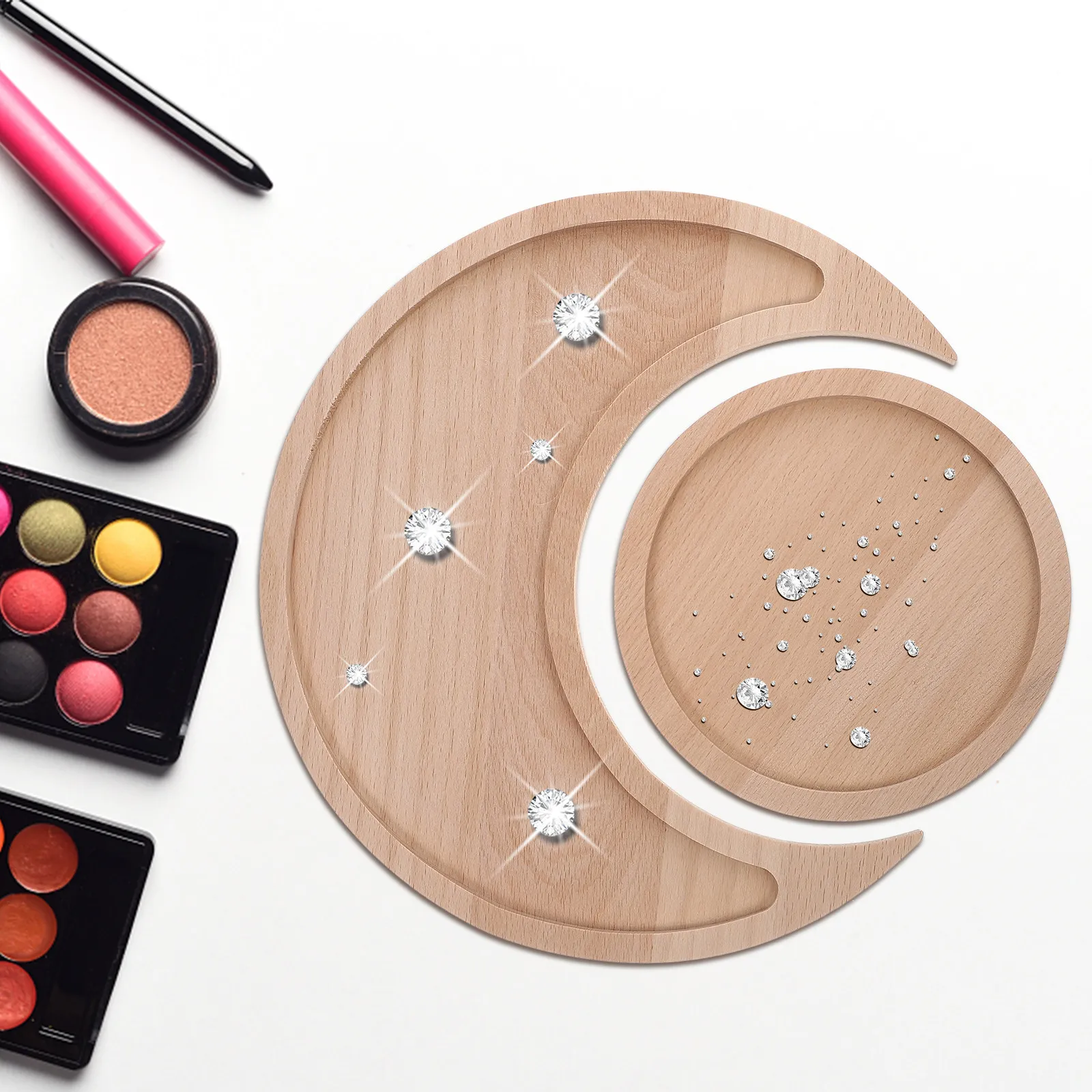 

2Pcs Wood Moon and Display Trays Nail Polish Storage Plate Decorative Jewelry Organizer for Home Office Crystals
