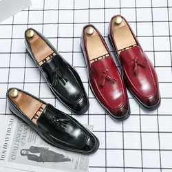 Korean style mens shoes leisure slip-on tassels shoe breathable black red loafers summer genuine leather sneakers chaussures man