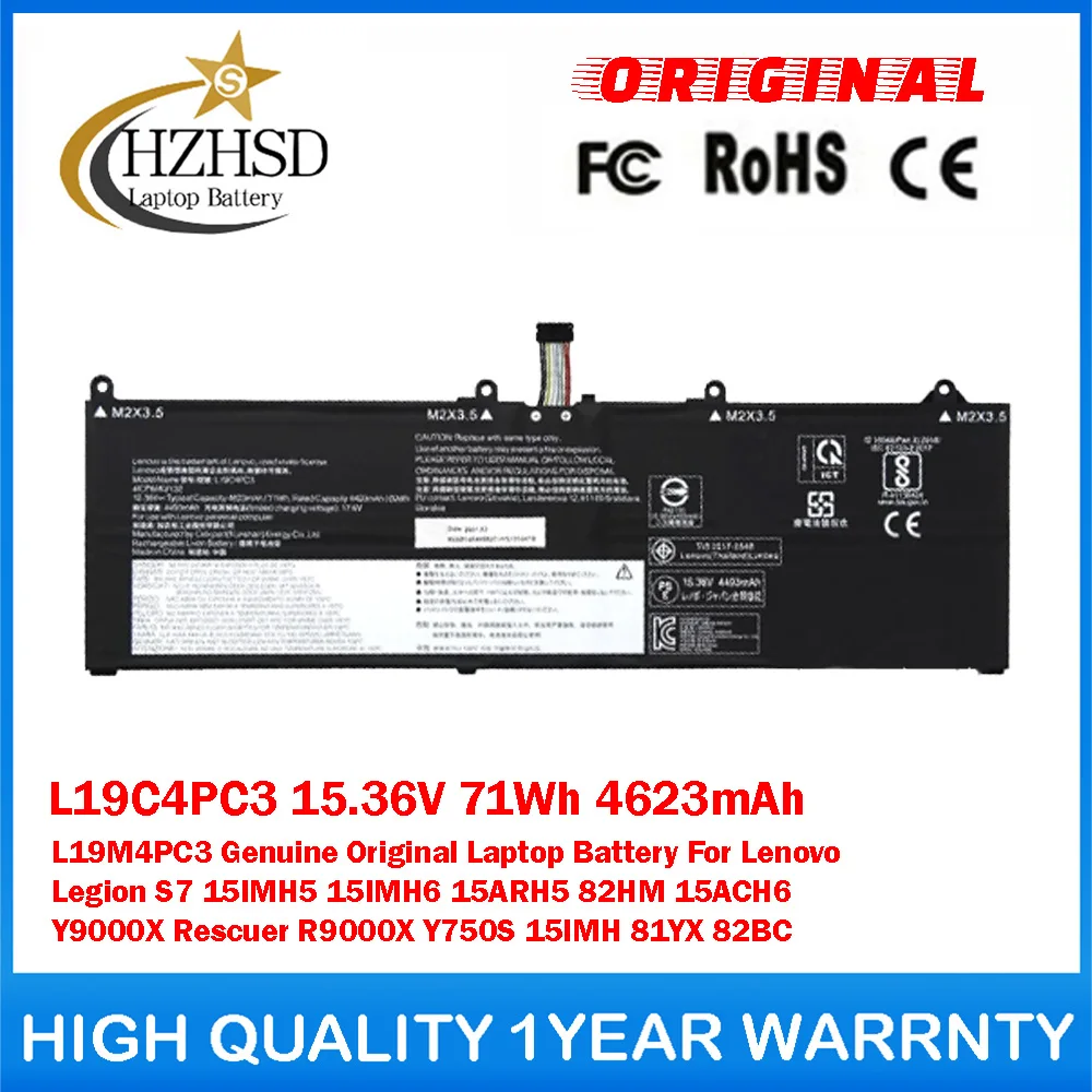 L19C4PC3 15.36V 71Wh 4623mAh L19M4PC3 Genuine Original Laptop Battery For Lenovo Legion S7 15IMH5/6 15ARH5 15ACH6 82HM Y9000X