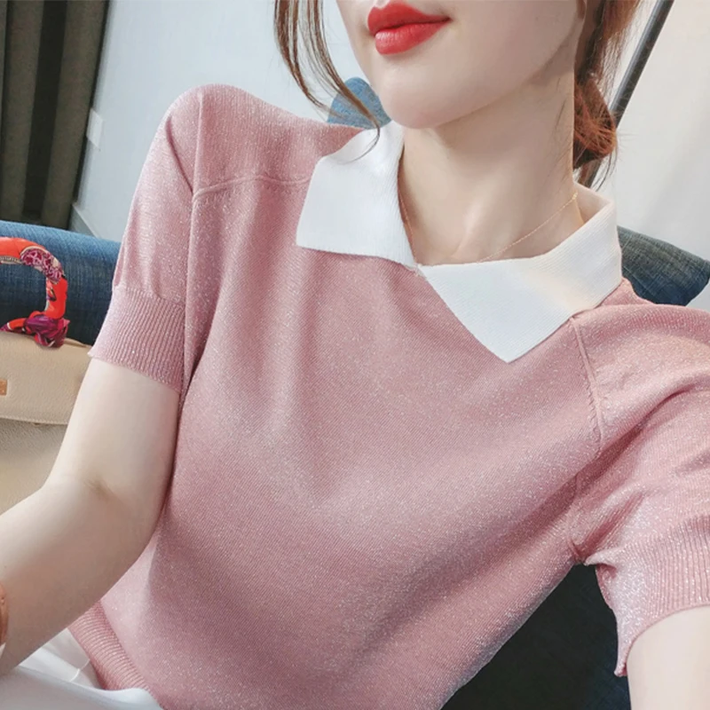 

Bright Tead Knitted Top Women's Doll Collar Color Blo V-Ne ort Sve Regular Fit Korean Sle Camere Summer irt