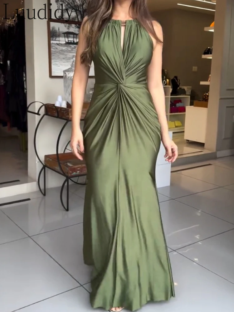 サテン ノースリーブ 中空ツイスト フロント パーティー ドレス タイ ディテール バックレス ジッパー バック マーメイド ヘム ドレス