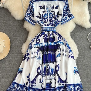 Damen Midi Blumenhemd, blaues, weißes Porzellandruck, Kurzarm, Single -Brust, Frauengefäß, Urlaub, neu, Sommer 6 Hauptverkaufskleid Blue Shirt - №6