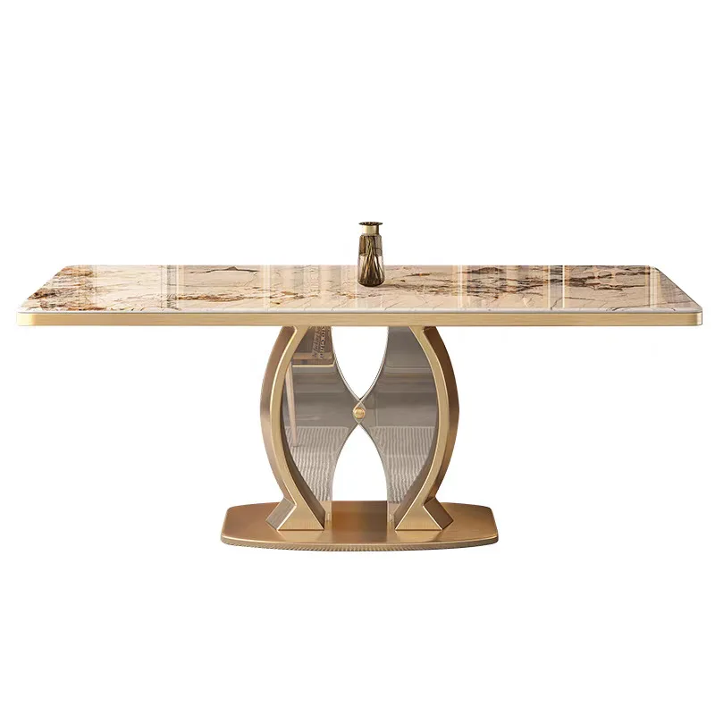 

Large plate dining table and chairs stainless steel titanium small apartment combination light luxury rock slab
