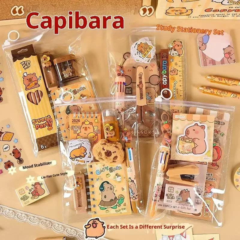 

1 комплект, наклейки для ручек, универсальный нож, канцелярские принадлежности, подарочная коробка, набор канцелярских принадлежностей капибары для детей, подарок на день рождения для обучения в школу