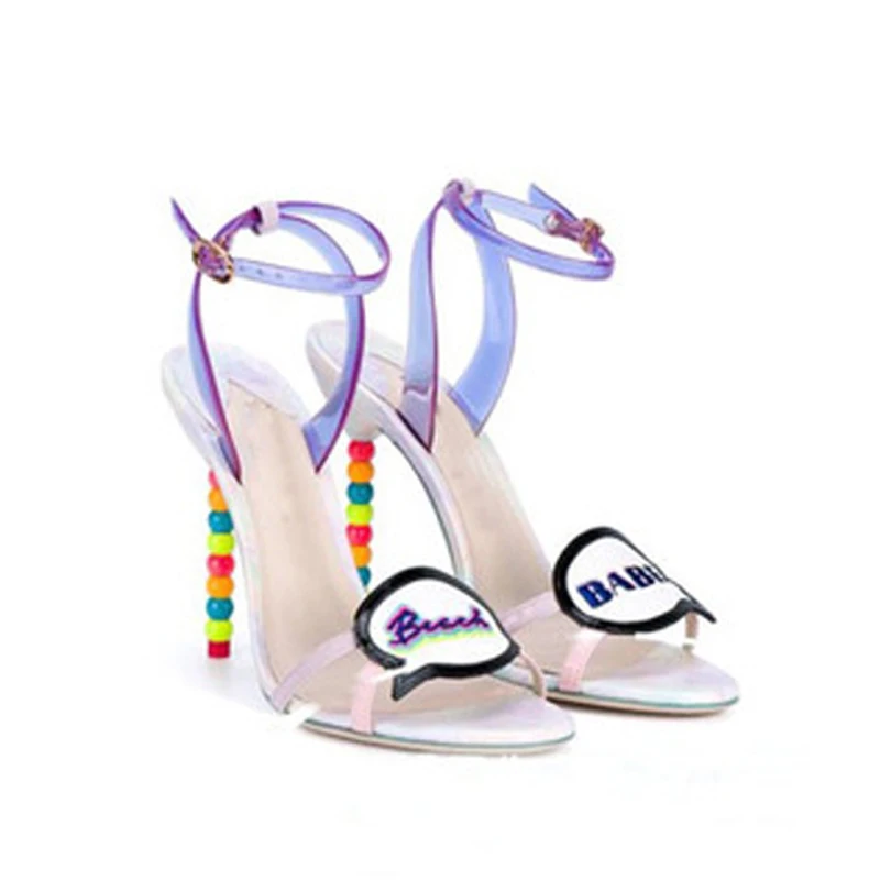 Summer PVC Patchwork Multi Straps Beads heel Sandals Letters Ankle Strap Wedding Shoes Thin Heel Party High Heels Woman