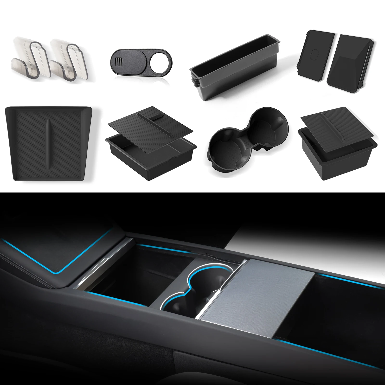 

for Tesla Model 3 Highland 2024 Car Storage Box Drinks Holder Center Console Organizer Armrest Case Trays Accessories 9Pcs/Set