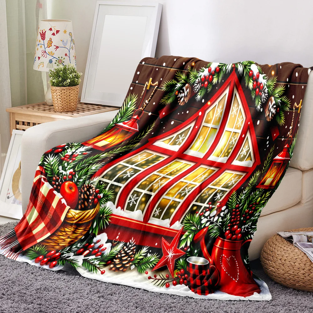 1PC Christmas Cottage Window Print Blanket-Made of soft plush flannel, perfect for the sofa or bed. Ideal for Christmas decorati
