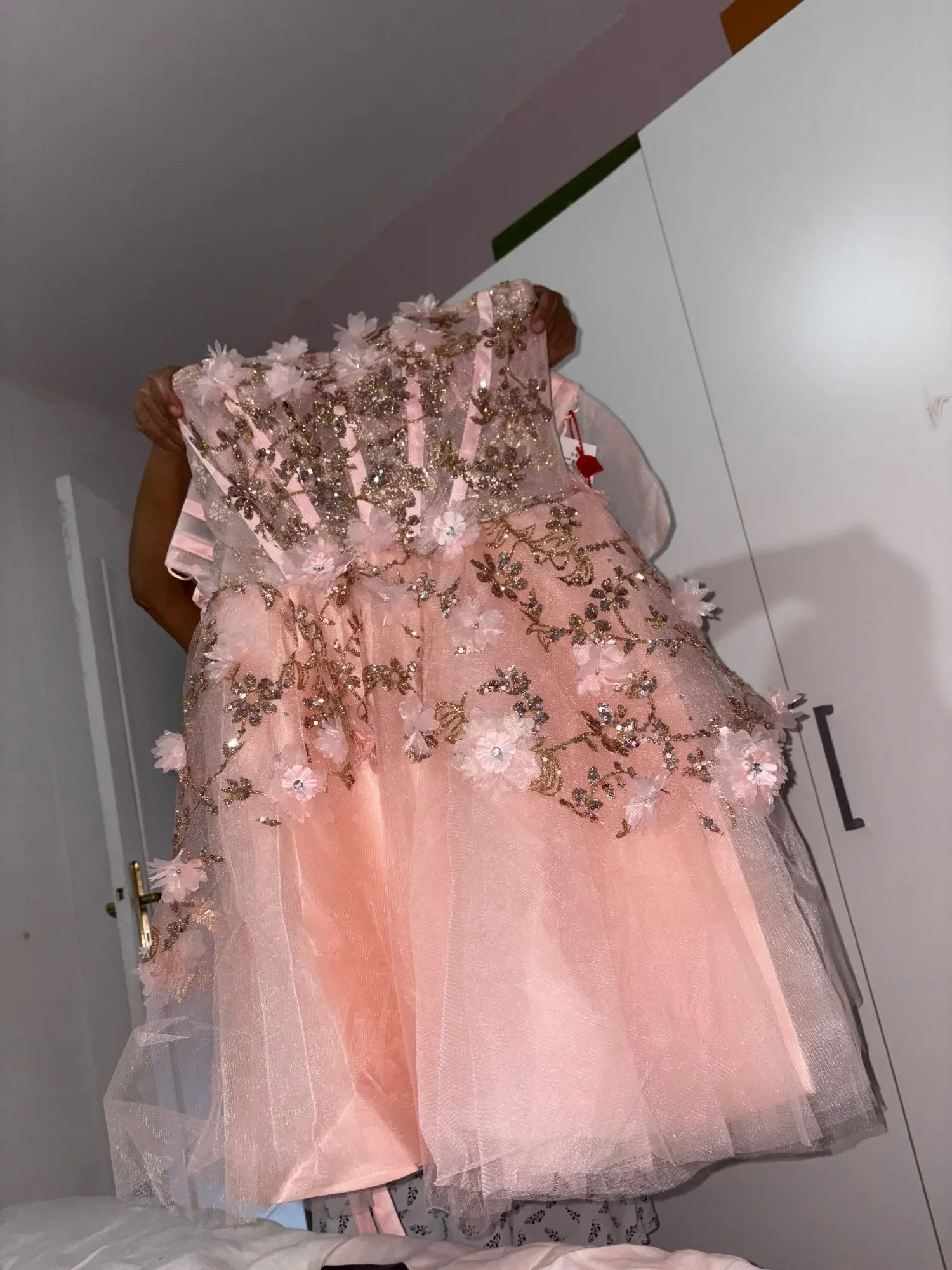 사용자 정의 빛나는 3D 꽃 드레스 볼 가운 짧은 Quinceanera 드레스 아가 파티 이브닝 ​​드레스 레이스 구슬 Tulle 코르셋