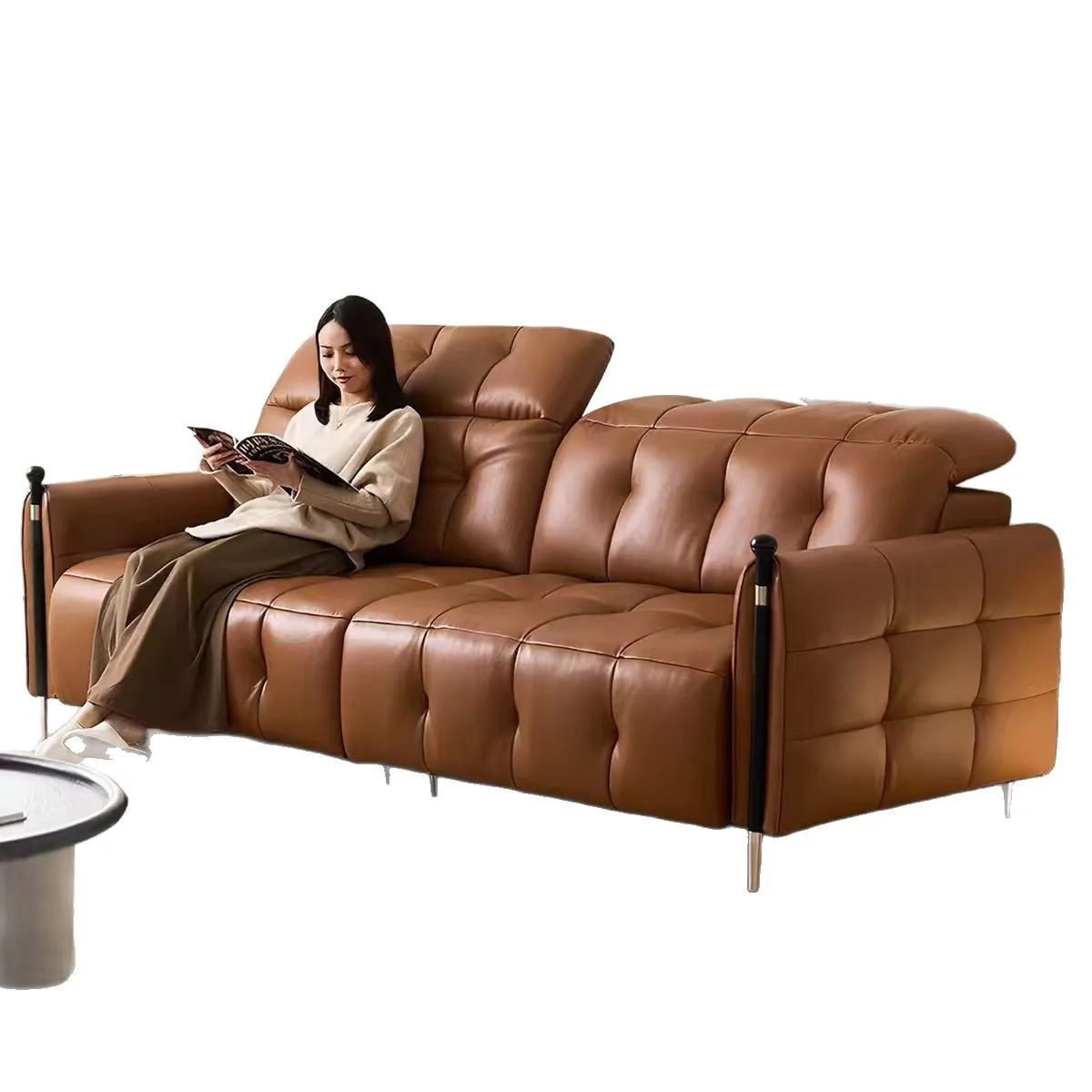 Yjq medieval oil wax leather sofa living room brown first layer cowhide straight row family multi-person sofa
