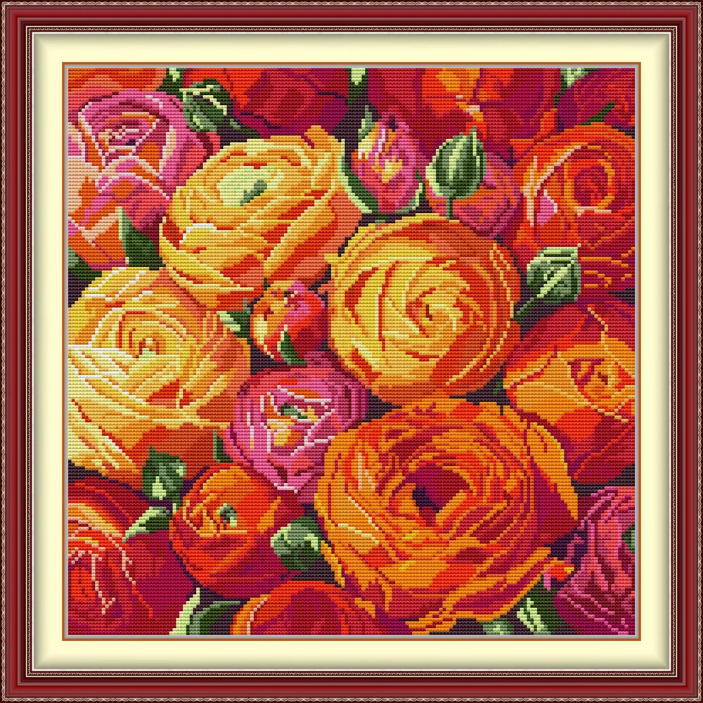 

Joy Sunday New Stamped Cross Stitch Kit,11/14/16CT DIY Easy Pattern Aida Fabric Embroidery Set-Brightly Coloured Roses
