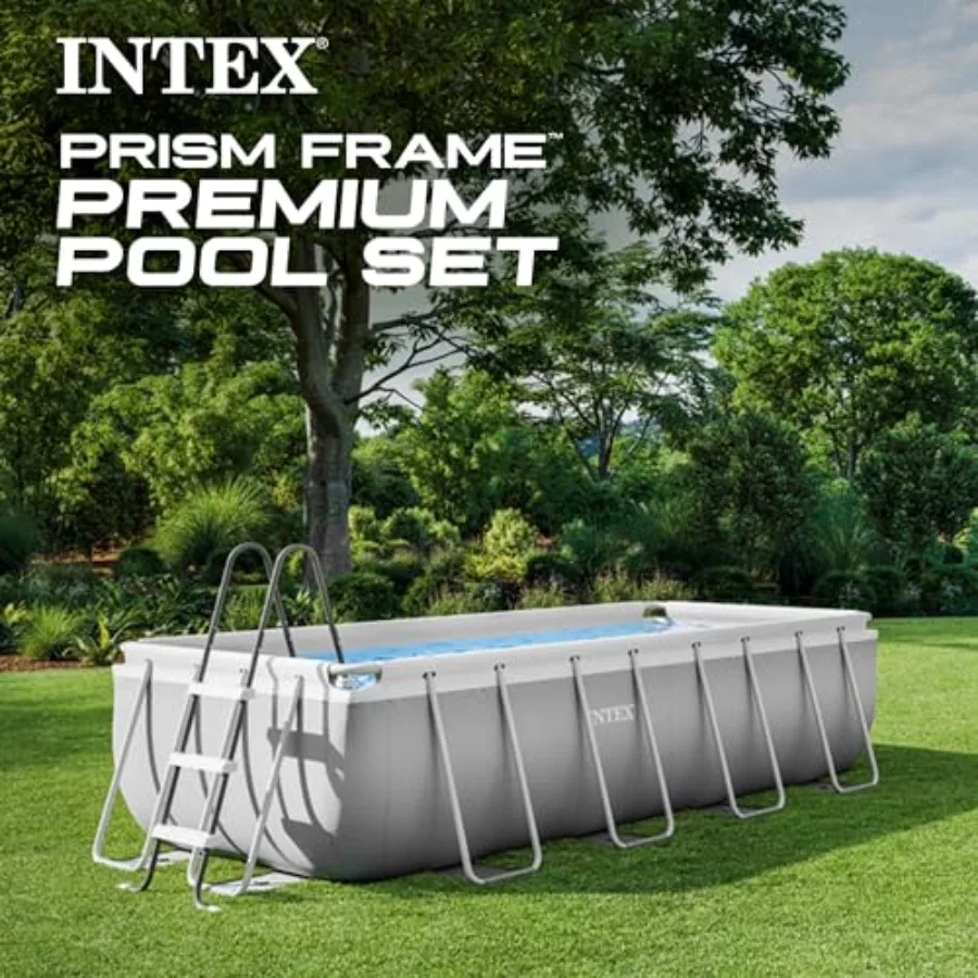 Above ground swimming pool set for backyard use, steel frame with blue finish, rust-resistant and easy assembly