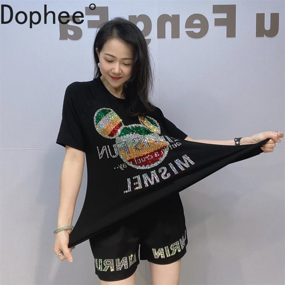 

Age Reduction Women's Summer Sets Cartoon Hot Drilling Short Sleeve T-shirt Pullover Top + Elastic Waist Casual A-line Shorts