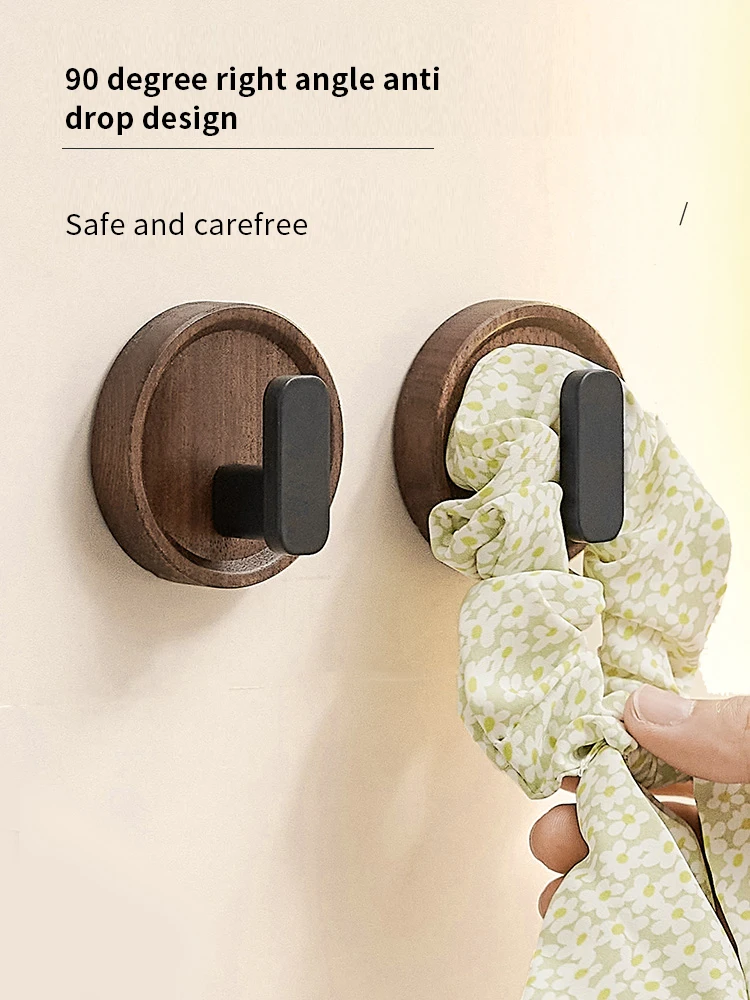 Walnut Wood Coat Rack Hooks Black Wall Hangers for Hanging Keys, Clothes, Bathroom Robe and Towels and Entryway, No Drilling