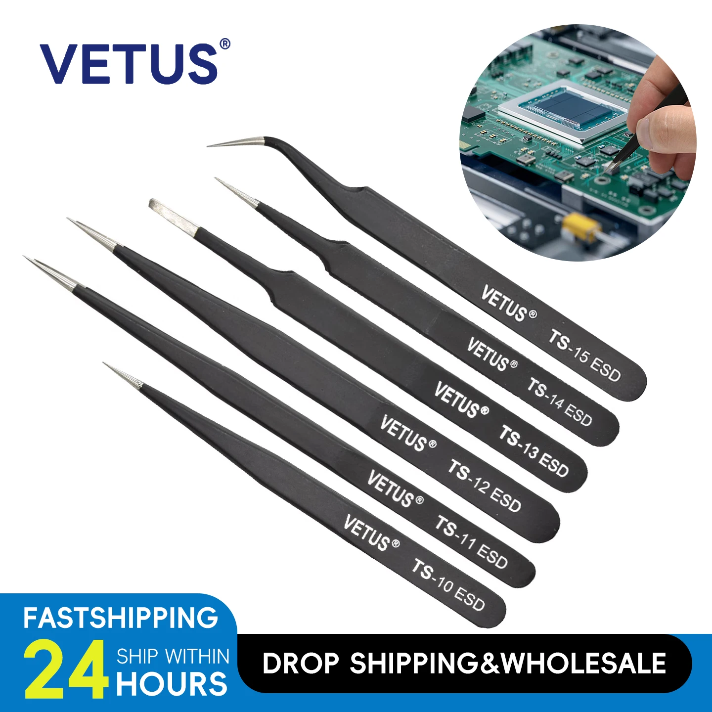 VETUS TS-ESD Tweezers Precision Stainless Steel Black Coating Fine Point Tweezer for Electronics Soldering Jewelry Repair Tool