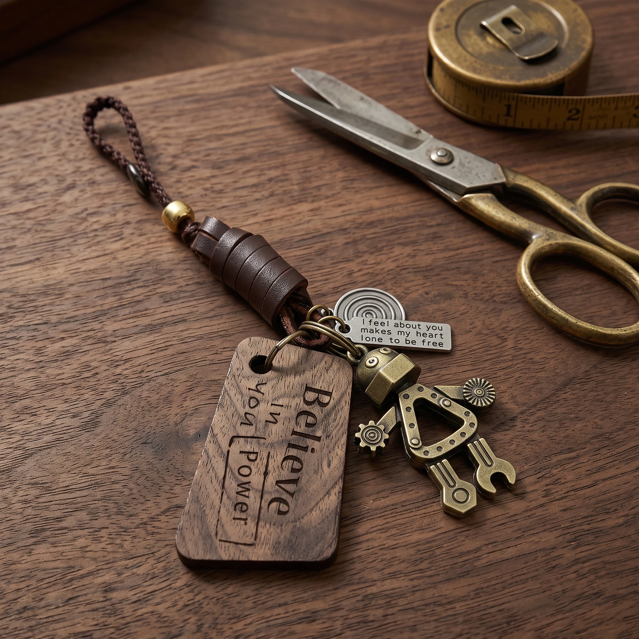 Retro movable robot keychain, lettering Believe in your Power wooden plate, leather rope, car key ring, backpack pendant