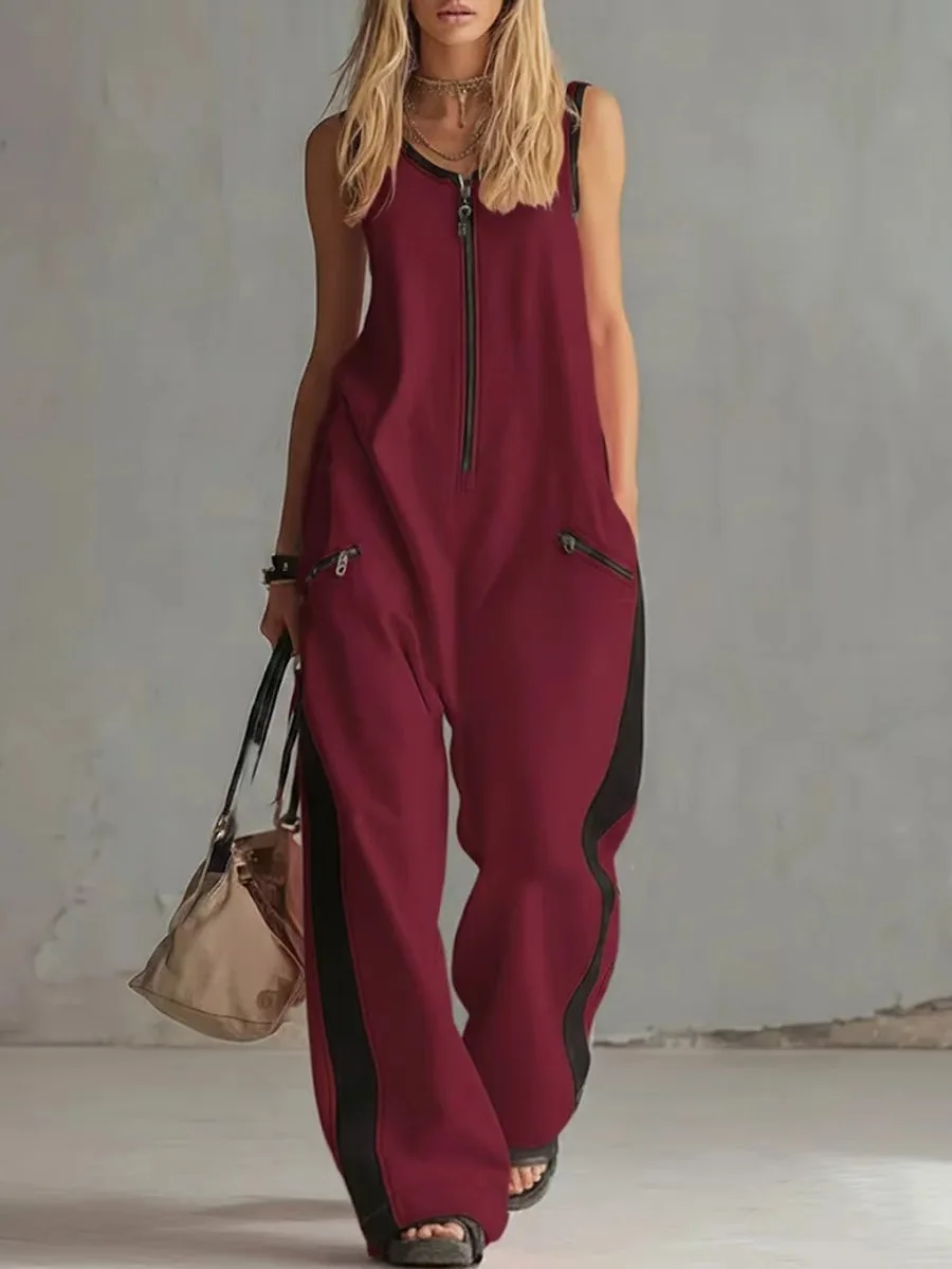 

Casual O Neck Wide Leg Jumpsuit Women Summer Zipper Sleeveless Vintage Elegant Color Blocking Loose Pants Jumpusits Woman Romper