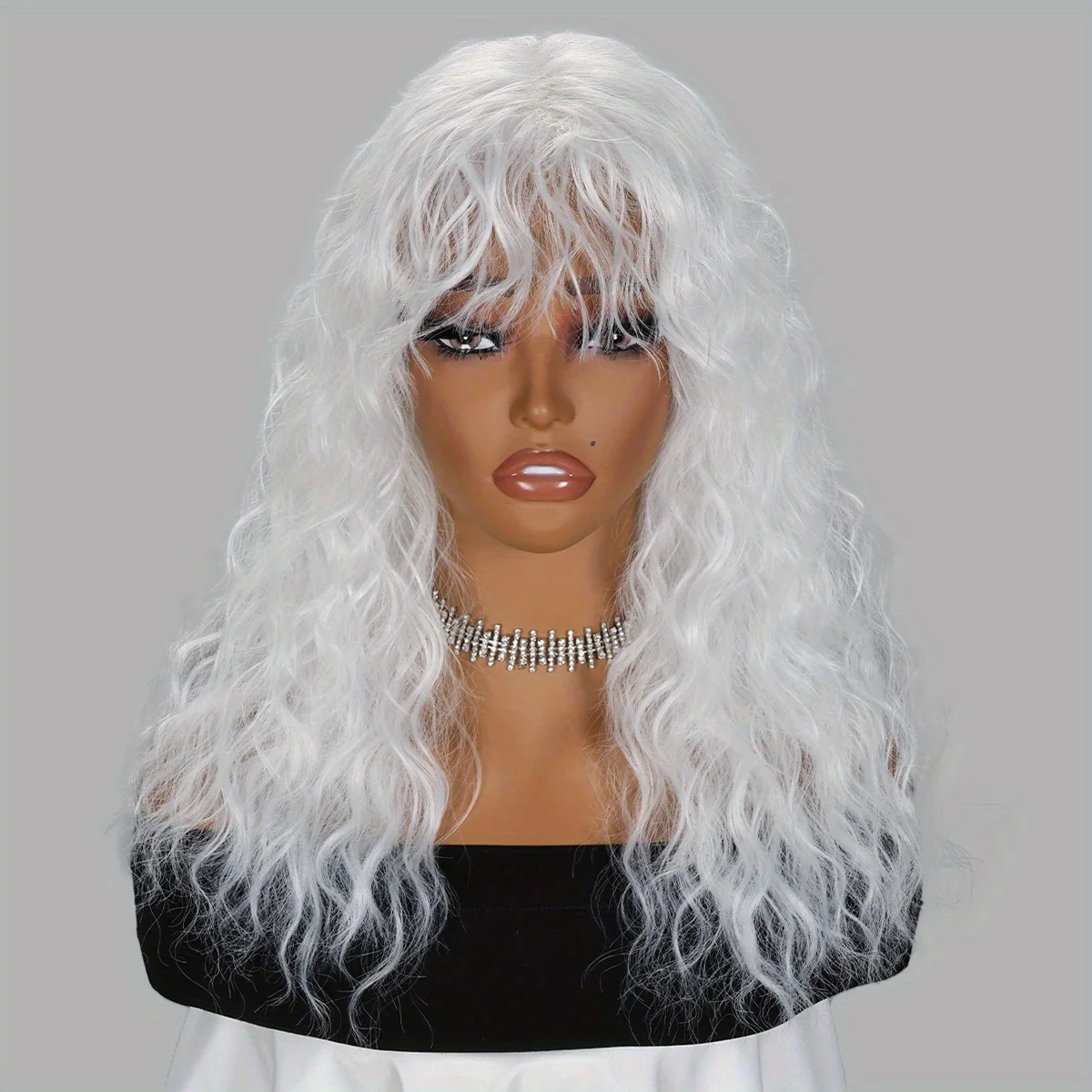 

White Long Curly Wavy Women's Wig with Bangs, Synthetic Fiber Full Head Wig for Halloween Party