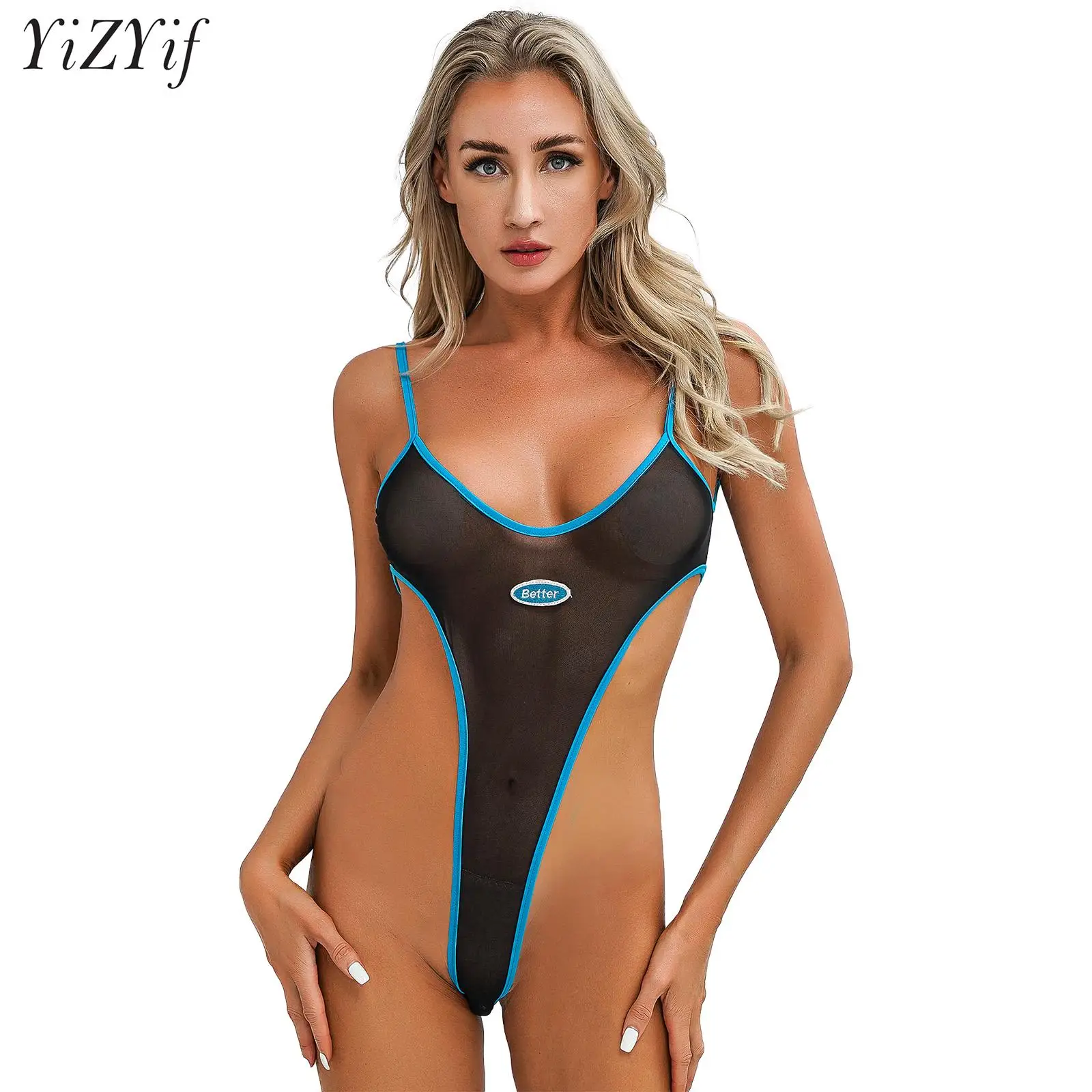 Women Sexy Sheer Mesh High Cut Teddy Bodysuit One Piece Swimsuit Pool Party Bathing Suit Beach Holiday Sunbathing Swimwear