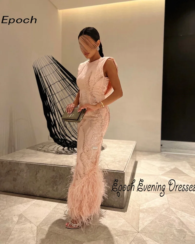 Luxury Evening Dress For Sexy Women 2024 فساتين السهرة Elegant Straight O-Neck Lace Feathers Bodice Cocktail Party Prom Gown