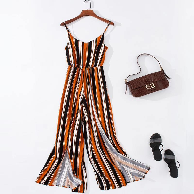 

Брюки с высоким разрезом для женщин, летние, в полоску, свободные, универсальные, с высокой талией, широкие штанины, с эффектом стройности