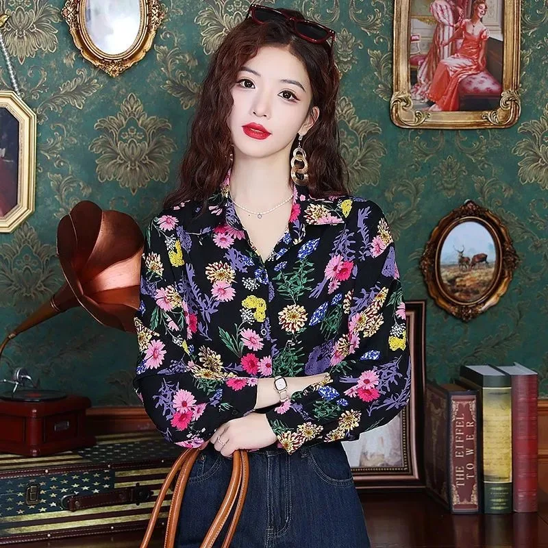 

Hong Kong Style Retro Long-sleeved Shirt Women's New Printed Versatile and Chic Top Blouse